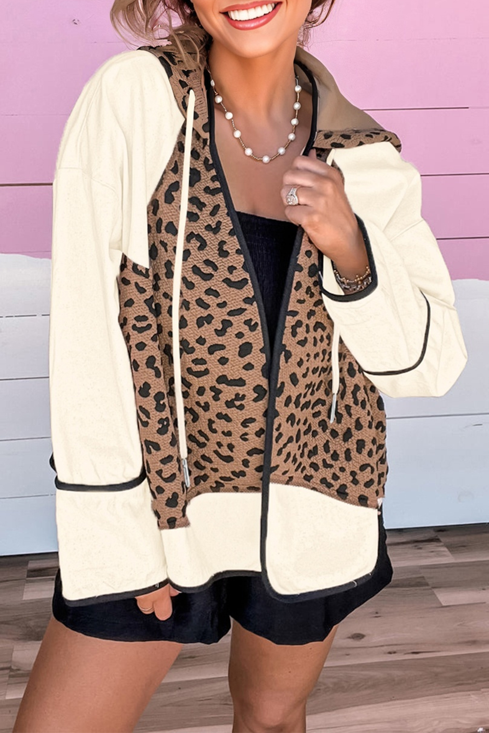 Brown Leopard Star Hooded Patchwork Contrast Piping Open Front Jacket 9c6f0e31e5802f35