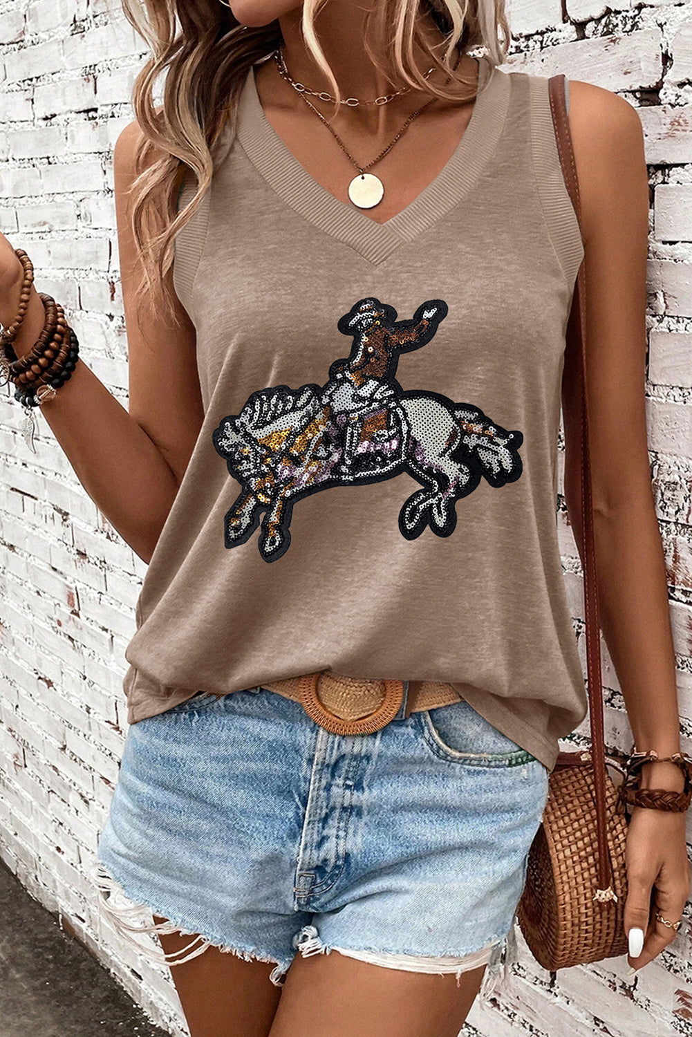 Simply Taupe Sequined Rodeo Graphic Fashion Tank Top 9c7827fd37f2db31