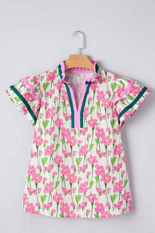 Floral Contrast V-Neck Ruffle Short Sleeve Blouse 9c806fb5-70e4-46e3-b556-b2c53f7f996f
