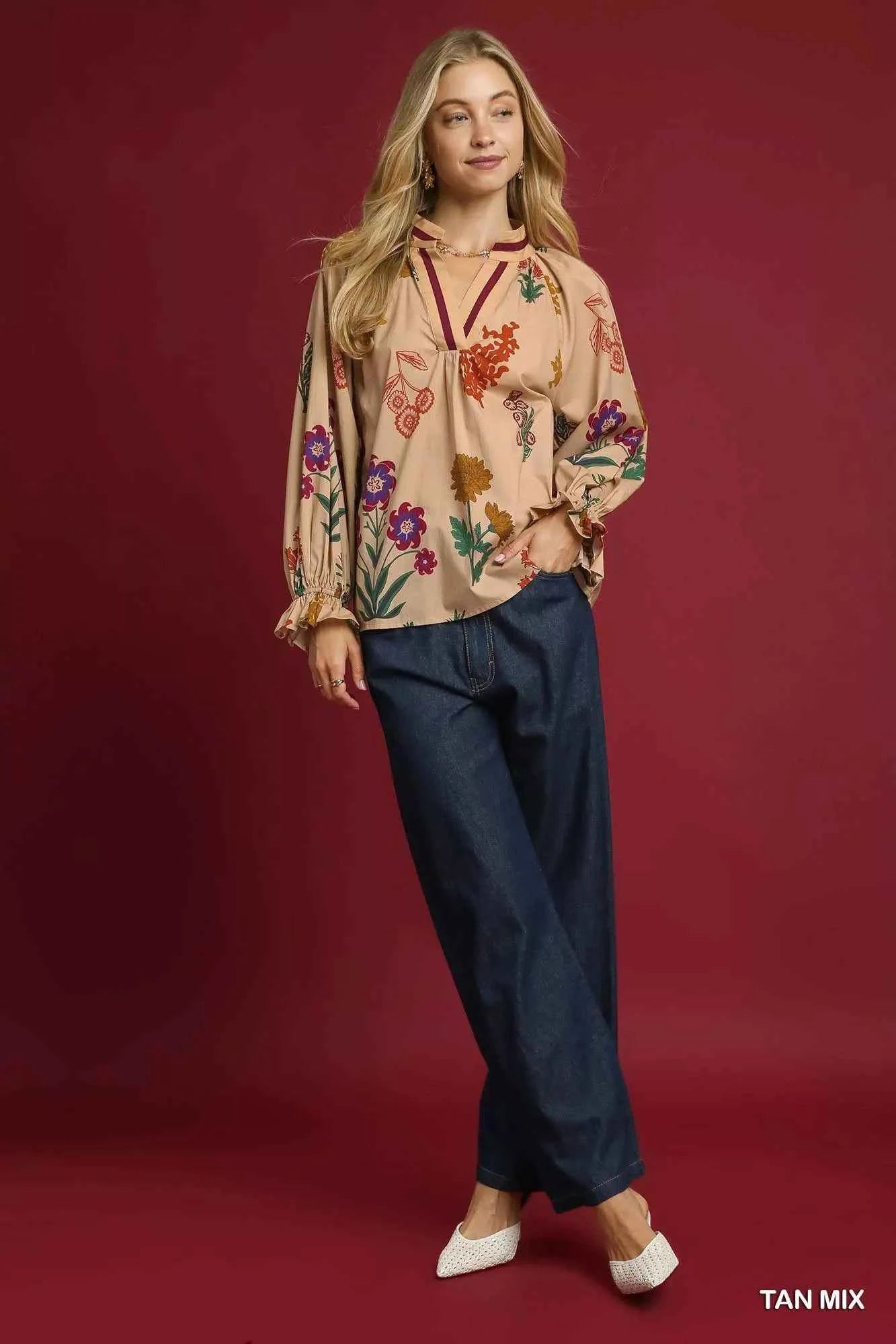 Umgee Floral Print Flounce Sleeve Blouse 9c83d08c-601f-49a8-9db0-24de67fbf2d6-Max-Origin