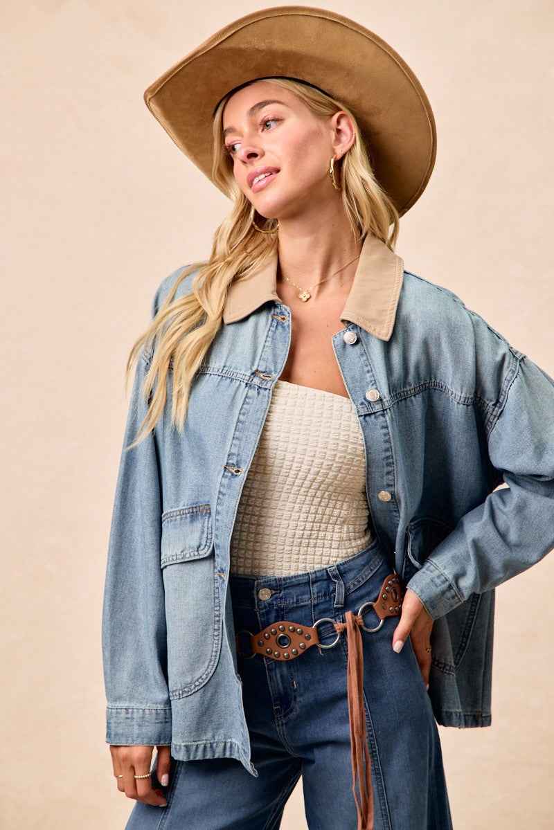 BiBi Washed Denim Jacket with Contrast Collar Detail 9c84553e3db5460bbf3900c5f24edd1b-Max