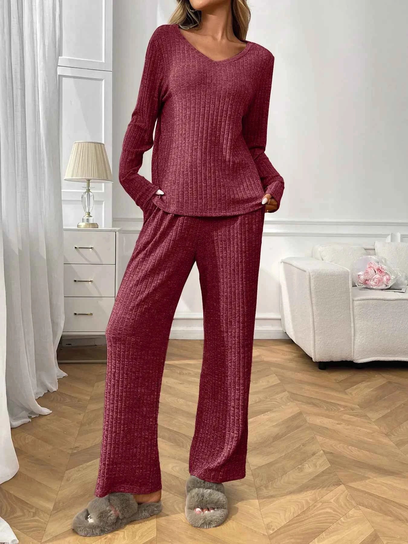 Ribbed Long Sleeve Top and Pants Lounge Set Wine Red 9c85093a57e2471c90a1fe7e1dbc6b8a-Max-Origin