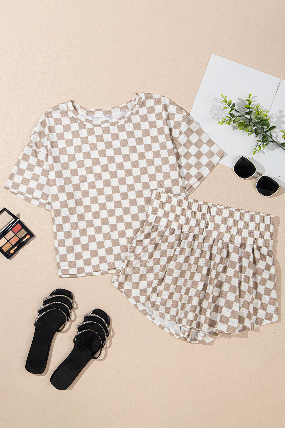 Brown Checkerboard T Shirt and High Waist Skort Set 9c89b99c7fc25c37