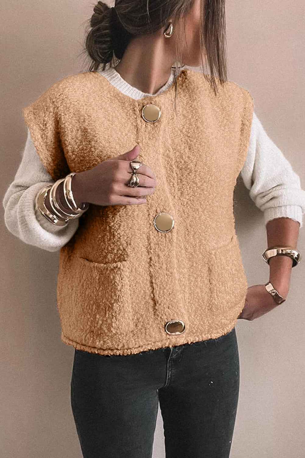 Light French Beige Big Button Accent Fuzzy Pocket Vest 9c89cff58c2bcf3e