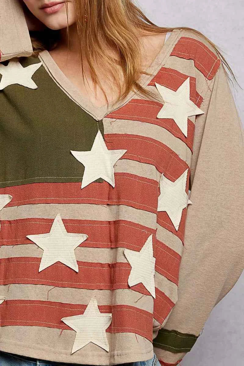 POL Double Gauze American Flag Patch V-Neck Long Sleeve T-Shirt 9c98e9f9-5017-460d-a1c2-4bba38d604eb-Max-Origin