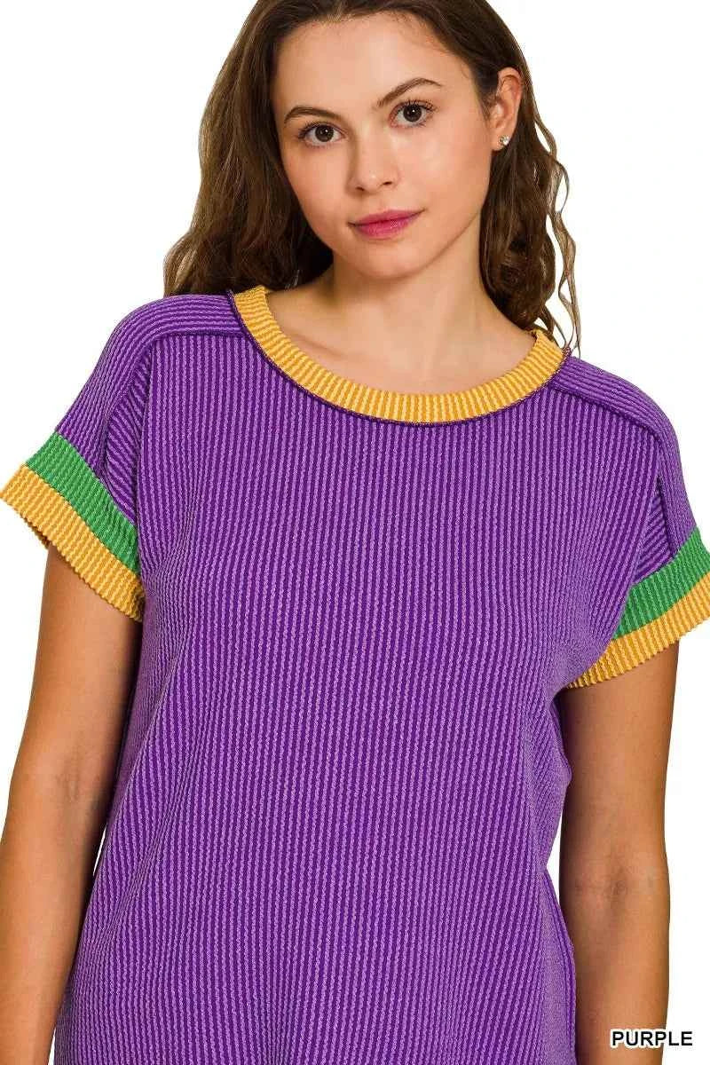 Zenana Mardi Gras Raised Rib Contrast Trim Top 9c9a3e91f3a4410b96b5af41429d9ec4-Max-Origin