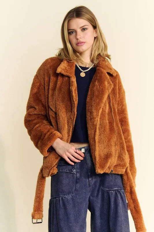 Fuzzy Zip Up Collared Neck Jacket 9c9c2a25-b392-457e-bce3-34072a2cbf50-Max