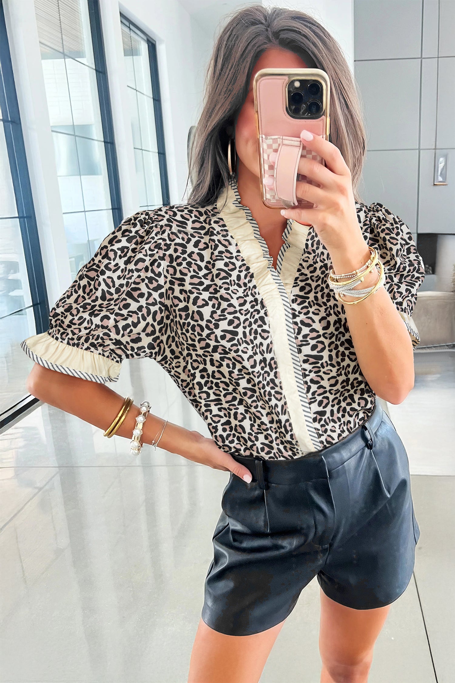 Black Leopard Print Striped Ruffled Color Block Trim V Neck Short Sleeve Blouse 9ca18da4fb16119e