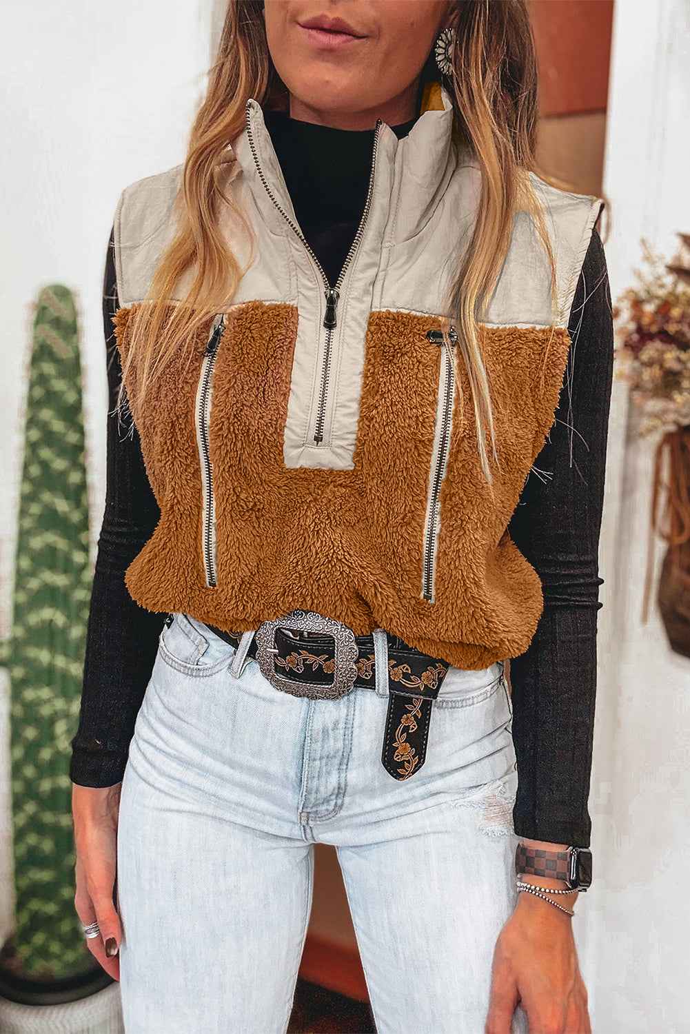Chestnut Plush Patchwork Zipper Stand Neck Vest Chestnut 100%Polyester 9ca56541cc7a9225