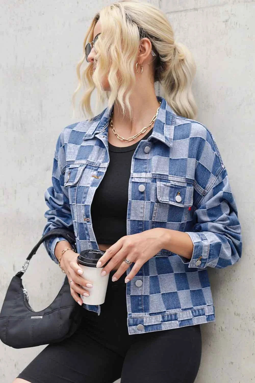 Checkered Button Up Long Sleeve Denim Jacket 9cad0378-6fb8-4748-9969-7378215ea475-Max