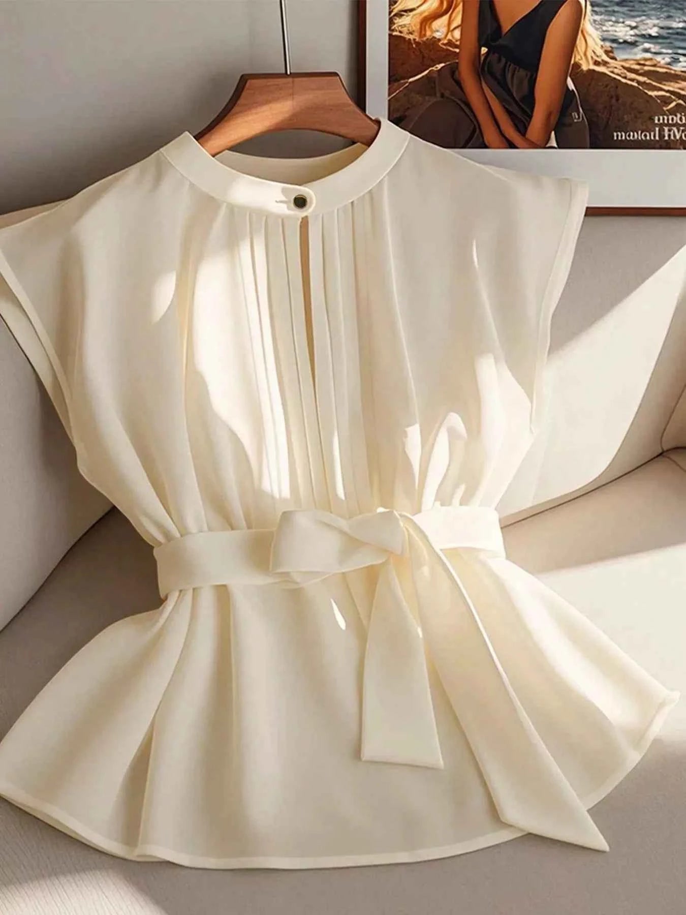 Sleeveless Pleated Blouse with Belt Ivory 9cad9413-ac32-485f-af35-b345dcbe6ed8-Max-Origin