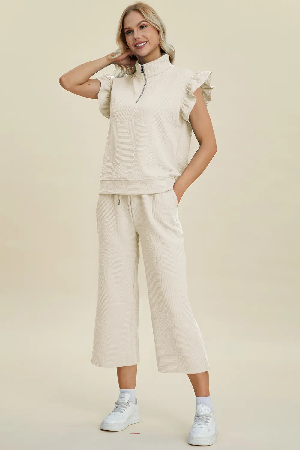 Double Take Full Size Texture Ruffle Short Sleeve Top and Wide Leg Pants Set Ivory 9cb4af26-b13d-4209-aef1-09e43155c91f-Max
