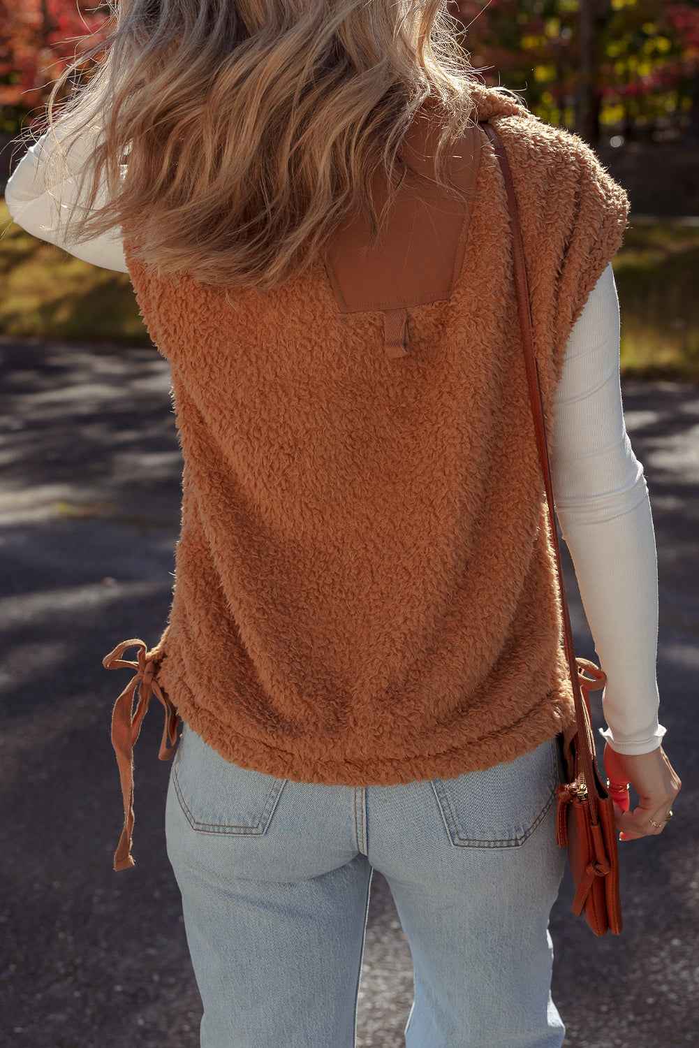 Beige Faux Fur Snap Button Front Knot Side Plush Vest 9cb556d55de49466