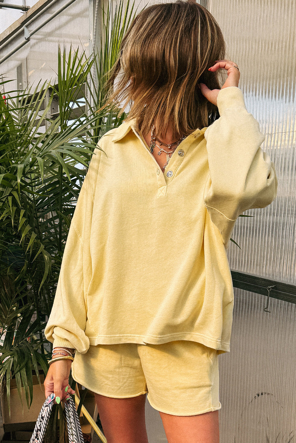 Yellow Cream Button Collar Drop Shoulder Pullover and Shorts Set 9cb56deadf057732