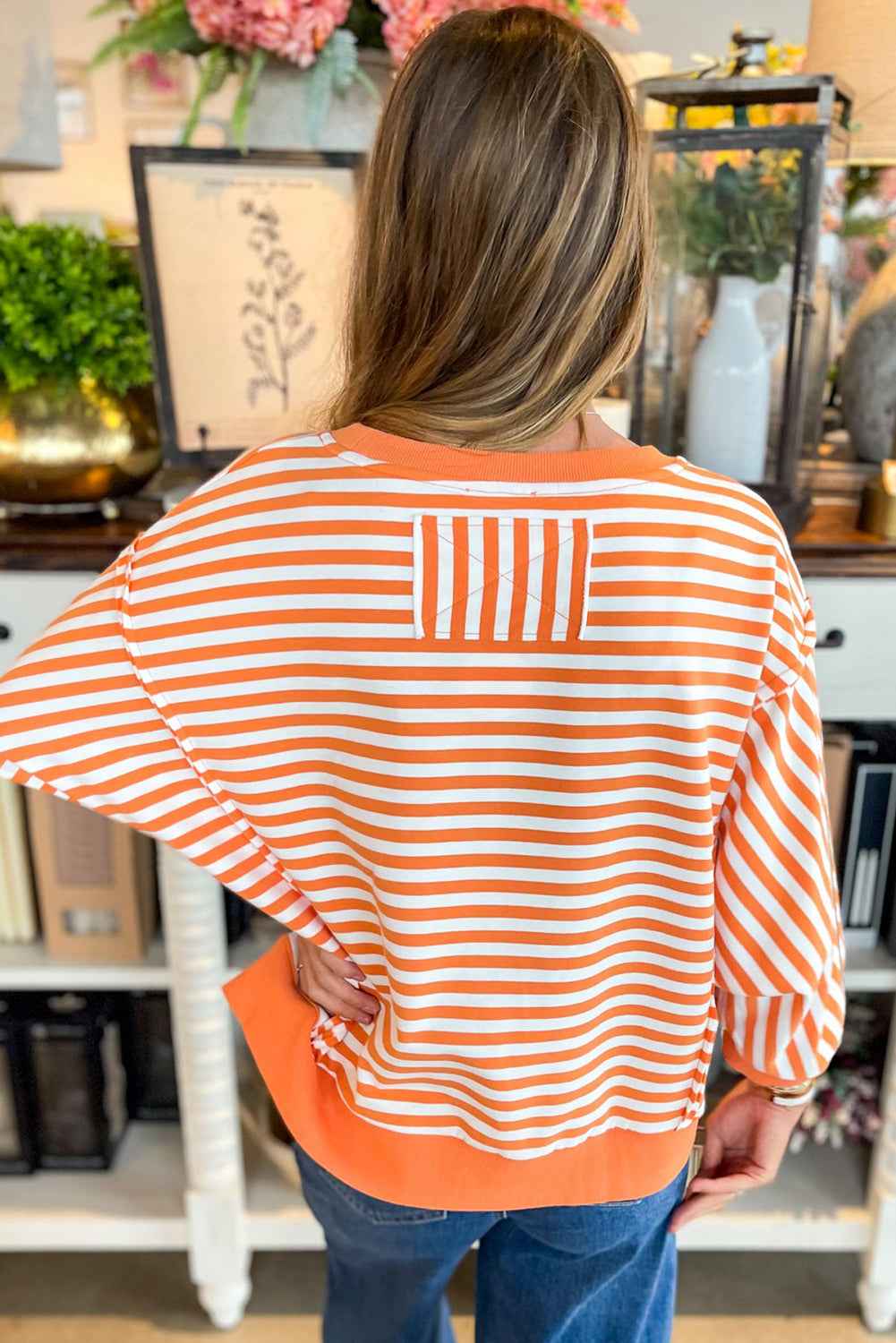 Red Striped Exposed Seam Drop Shoulder Long Sleeve Top 9cb5cf2d933d7987