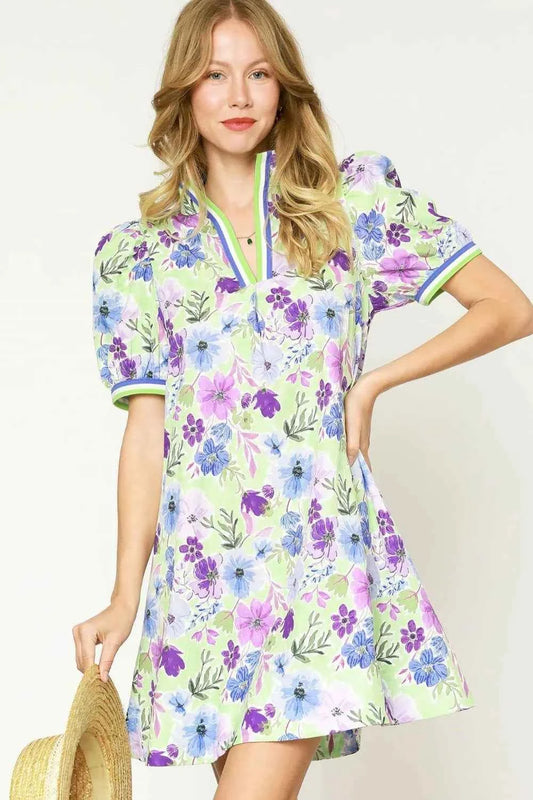 Floral Print Short Puff Sleeve Mini Dress Light Green 9cb842c7-37fe-4861-81a8-b0604b1827ae-Max-Origin