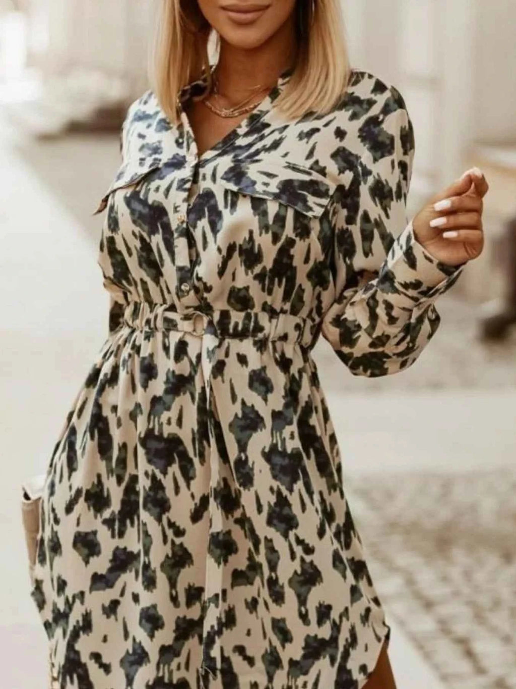 Printed Button Front Long Sleeve Dress Apricot Leopard Print 9cb94db5-f06a-4532-a155-b991ab831741-Max-Origin