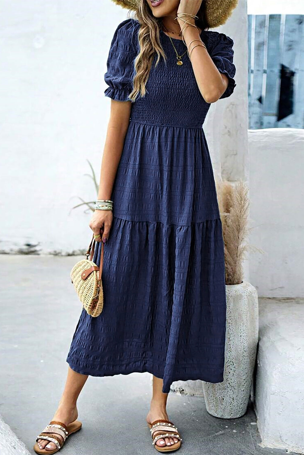 Sail Blue Solid Textured Smocked High Waist Midi Dress 9cbad87729e2549a
