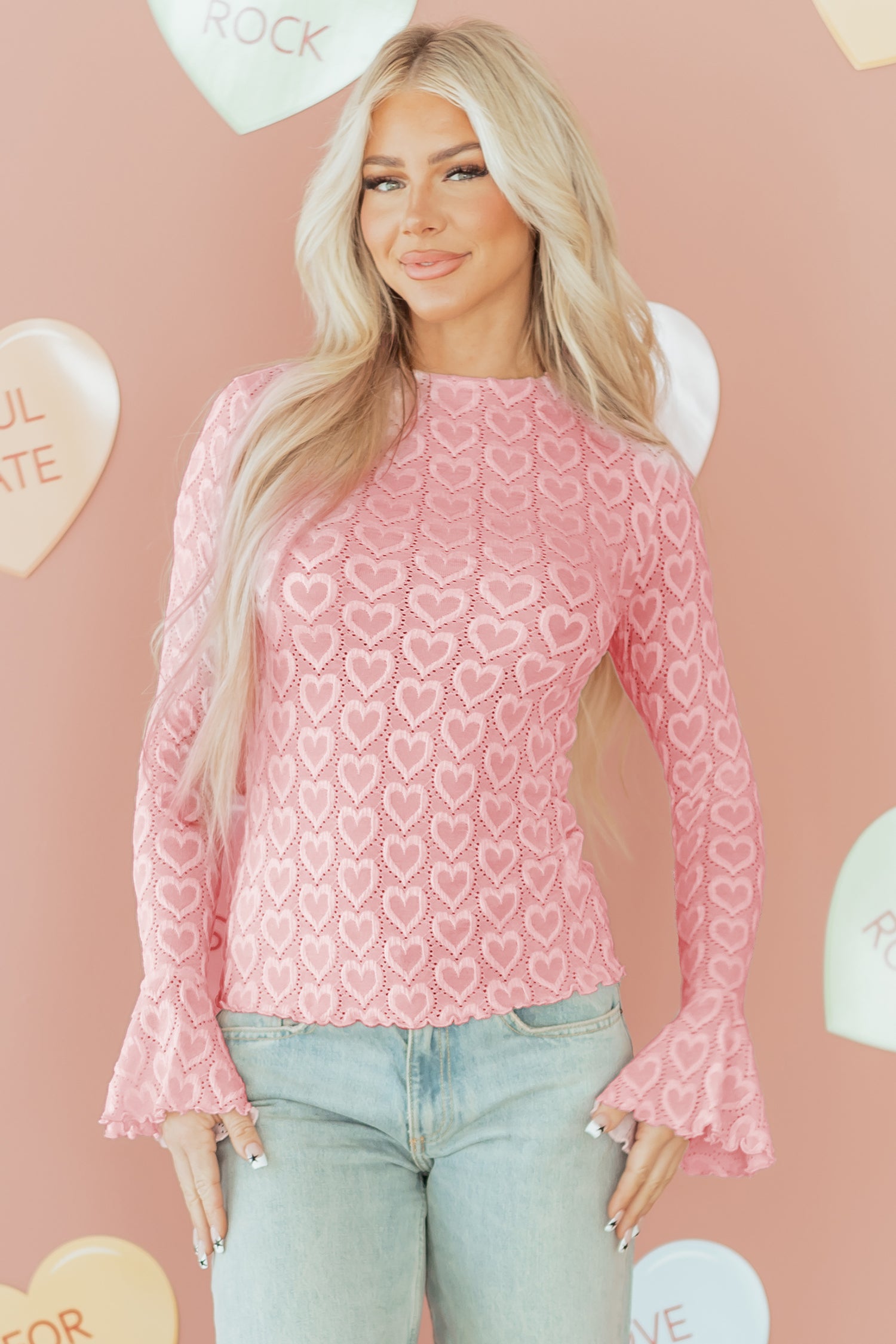 Gossamer Pink Heart Jacquard Flare Sleeve Mock Neck Fitted Top 9cbff8461b66de22