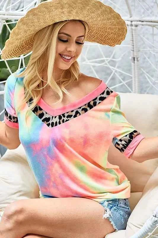 Rainbow Tie-Dye Leopard Trim V-Neck T-Shirt 9cc60f071fdb4bd5a1f8d47b4db24412-Max-Origin