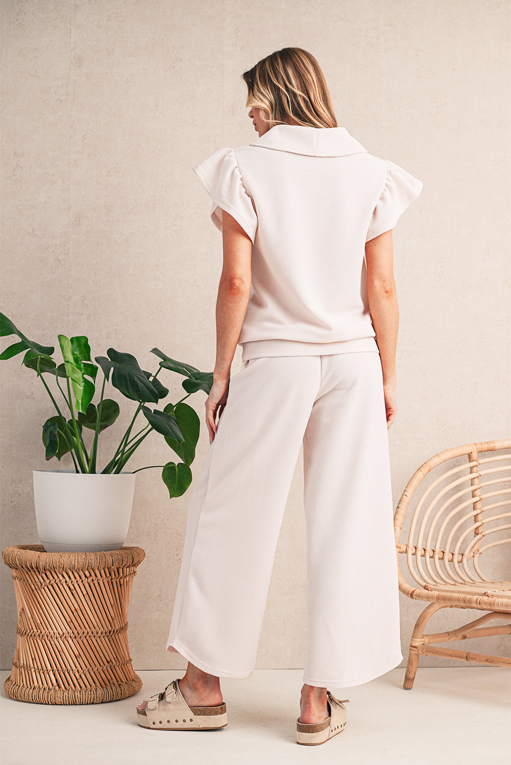 Pink Textured Ruffle Sleeve Zipped Top and Wide Leg Pants Set 9cc7f2c67385eeff
