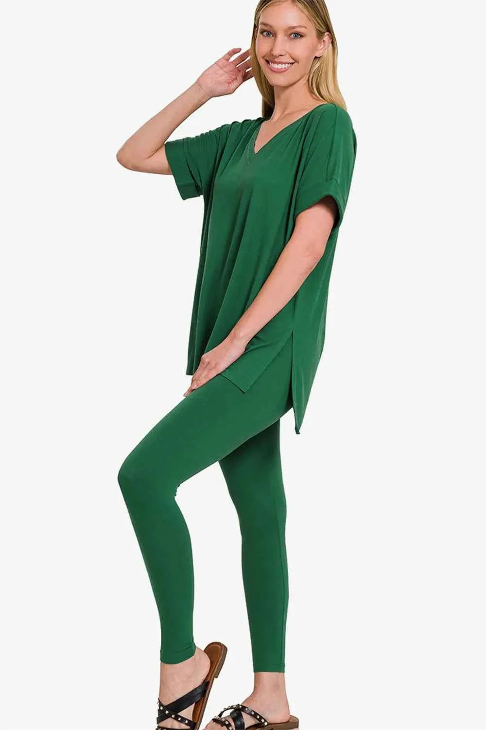 Zenana V-Neck Rolled Short Sleeve T-Shirt and Leggings Lounge Set DK Green 9cce1eb1-6a4f-4c7e-ad61-fbd27cfcca58-Max