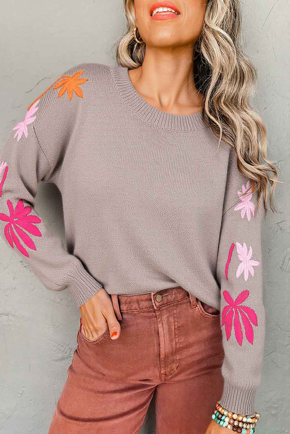 Beige Embroidered Floral Sleeve Round Neck Loose Sweater Simply Taupe 65%Acrylic+35%Polyamide 9cced5d26abeaa51