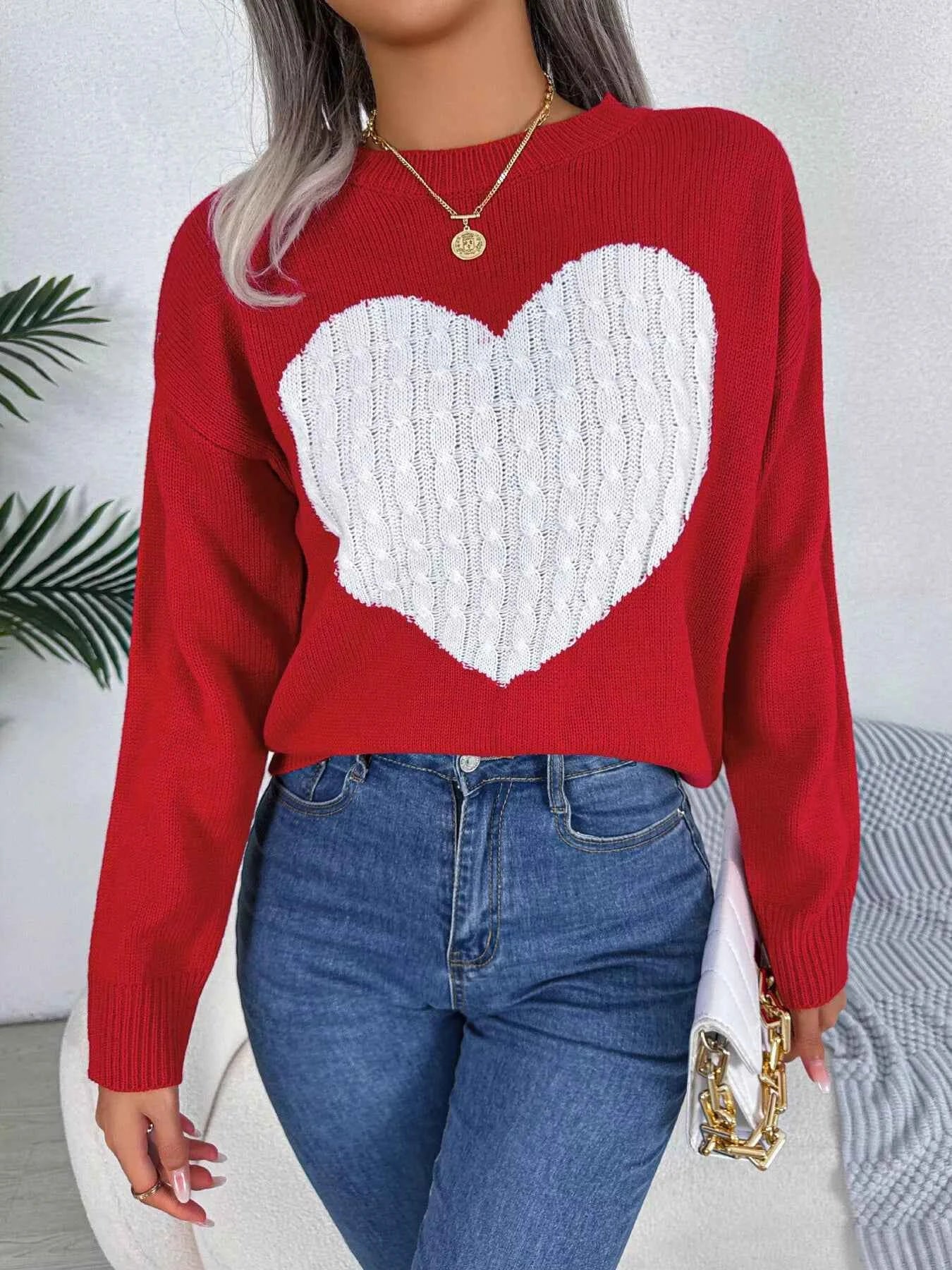 Cable Knit Heart Round Neck Sweater Red 9ccf1ab87b83445dbb562ffe7632be51-Max-Origin