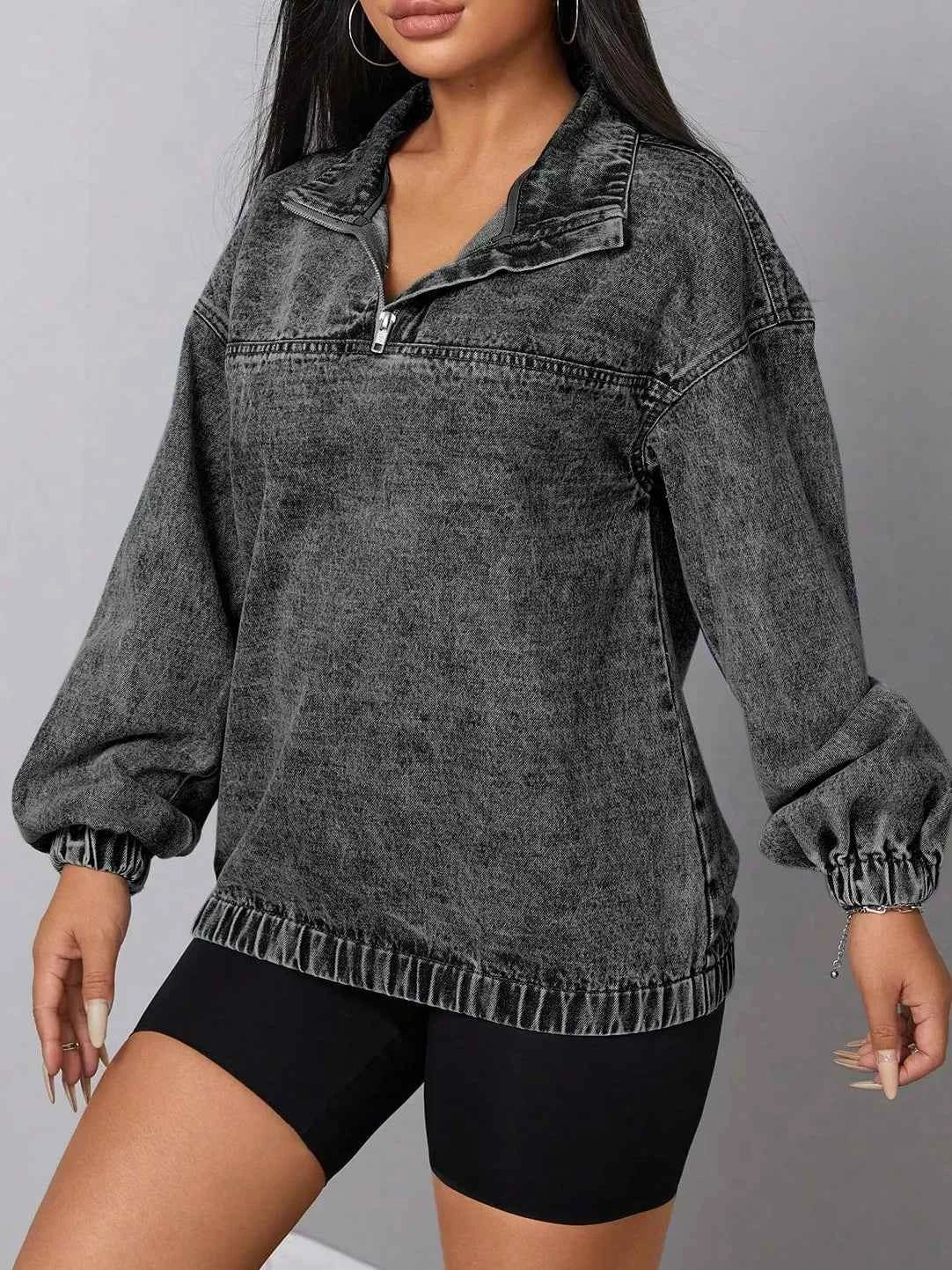 Elastic Hem Quarter Zip Denim Top 9cd0337c-6cc7-4634-90bd-d9d34530b8e3-Max-Origin