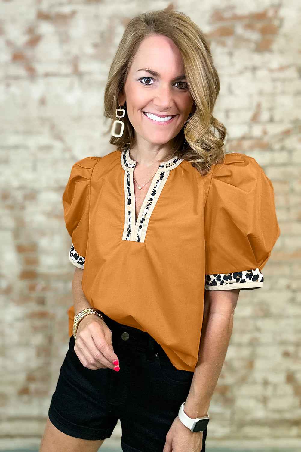 Buckskin Contrast Leopard Trim Split Neck Puff Sleeve Blouse 9cd201d0dc3e4e80