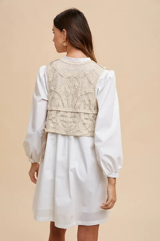 Annie Wear Crochet Vest Notched Long Sleeve Shirt Dress 9cd3432e-46af-48a7-9838-9f273e6d65ff-Max