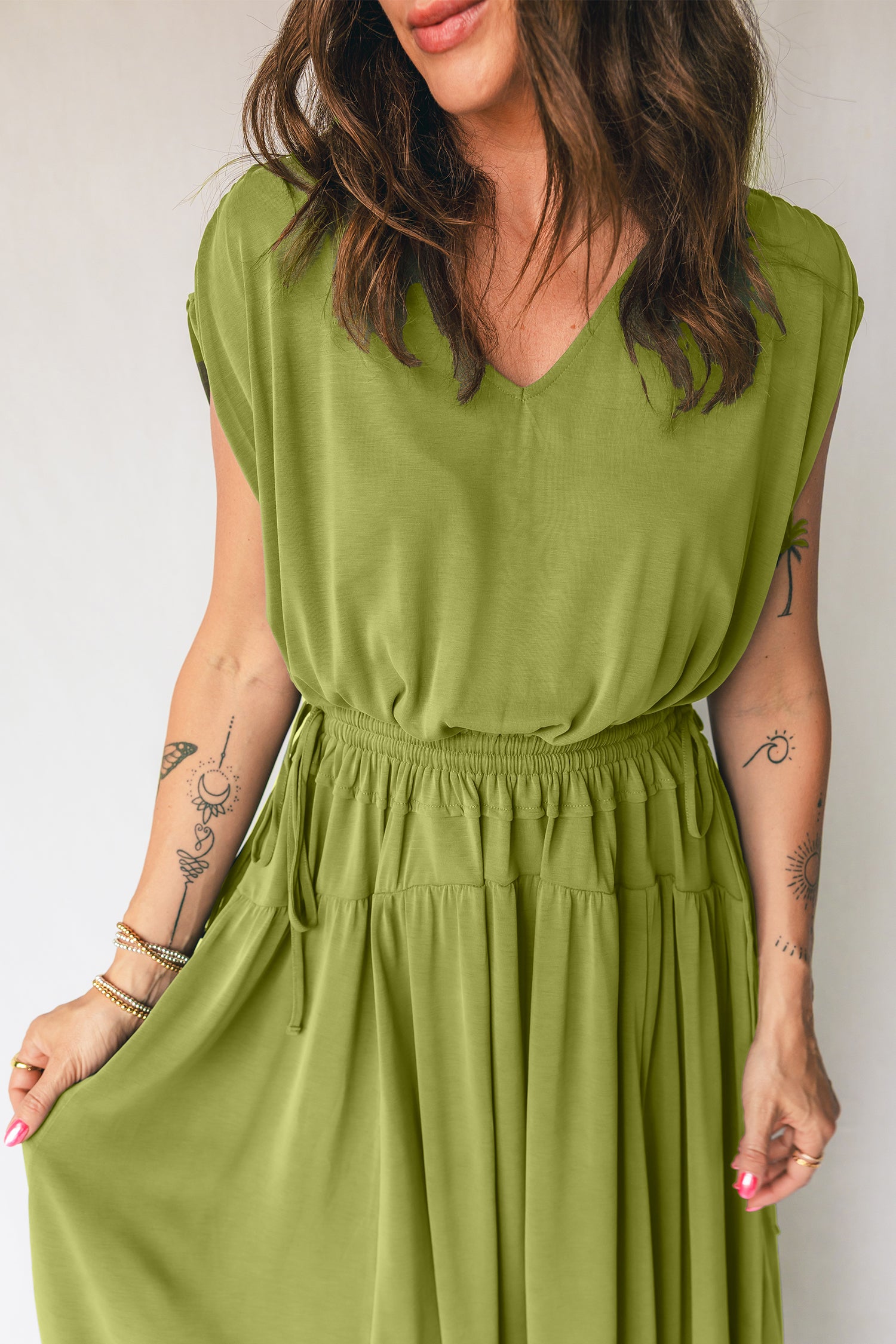 Fern Green Solid V Neck Cap Sleeve Tunic Elastic Waist Versatile Maxi Dress 9cd641b01bf75537