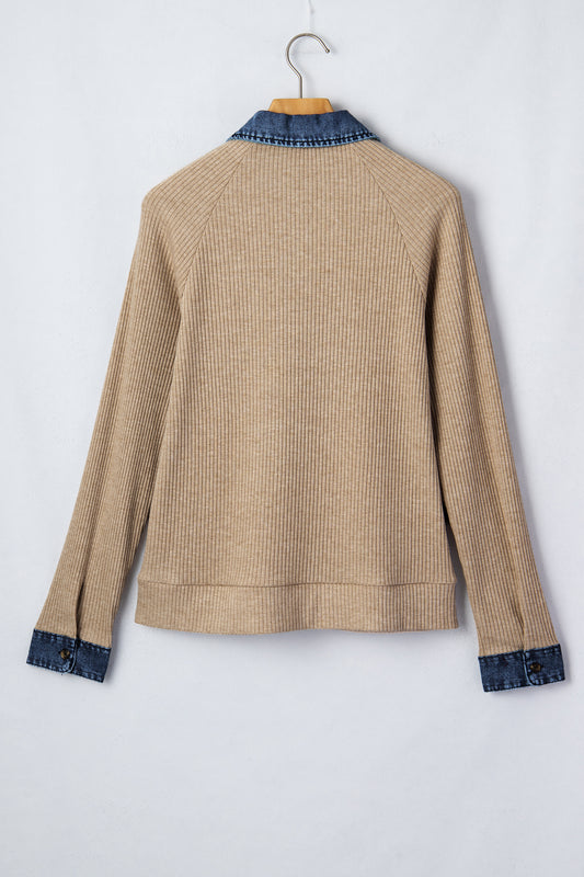 Beige Ribbed Knit Denim Patchwork Button Polo Collar Cuffed Long Sleeve Top 9cd8f98115ab8141