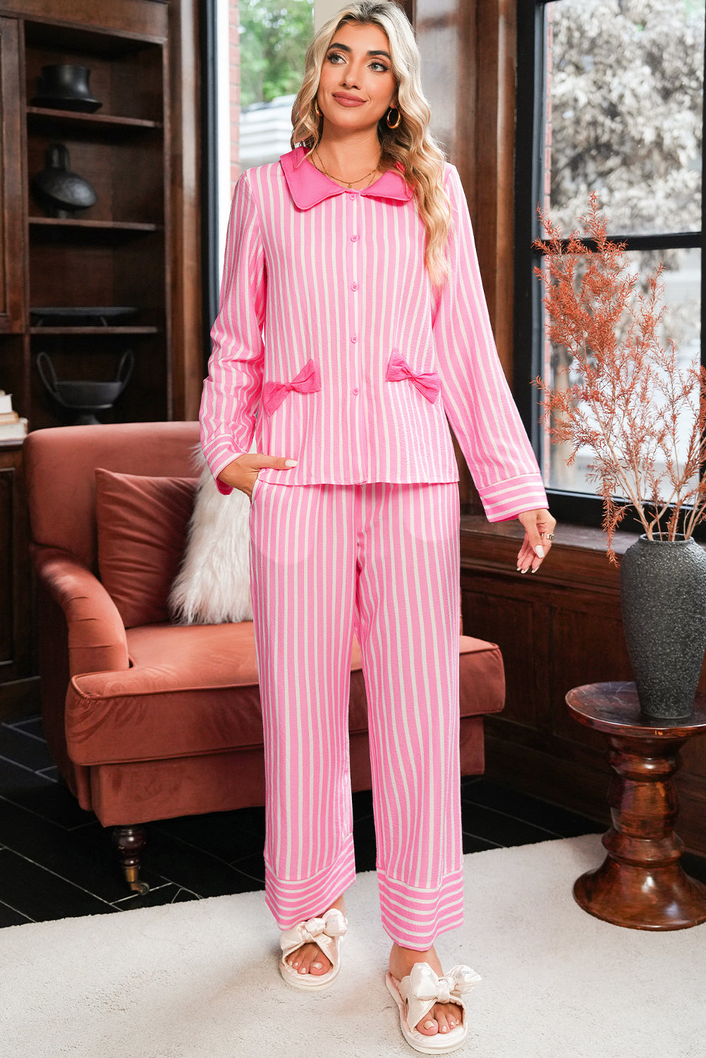 Pink Striped Sweet Bow Decor Peter Pan Collar Pullover Pants Pajama Set 9cddb469db950913