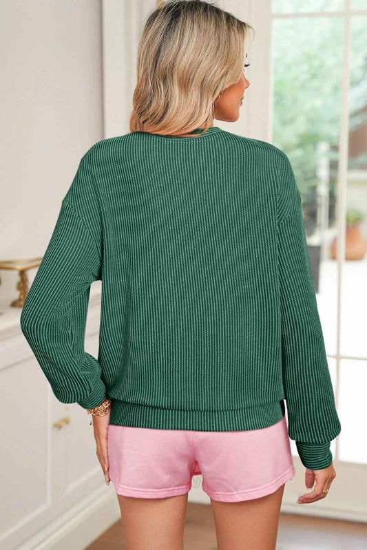 Evergreen Twisted Rib Merry Letter Graphic Loose Long Sleeve Top 9cde0e0ed1a48def