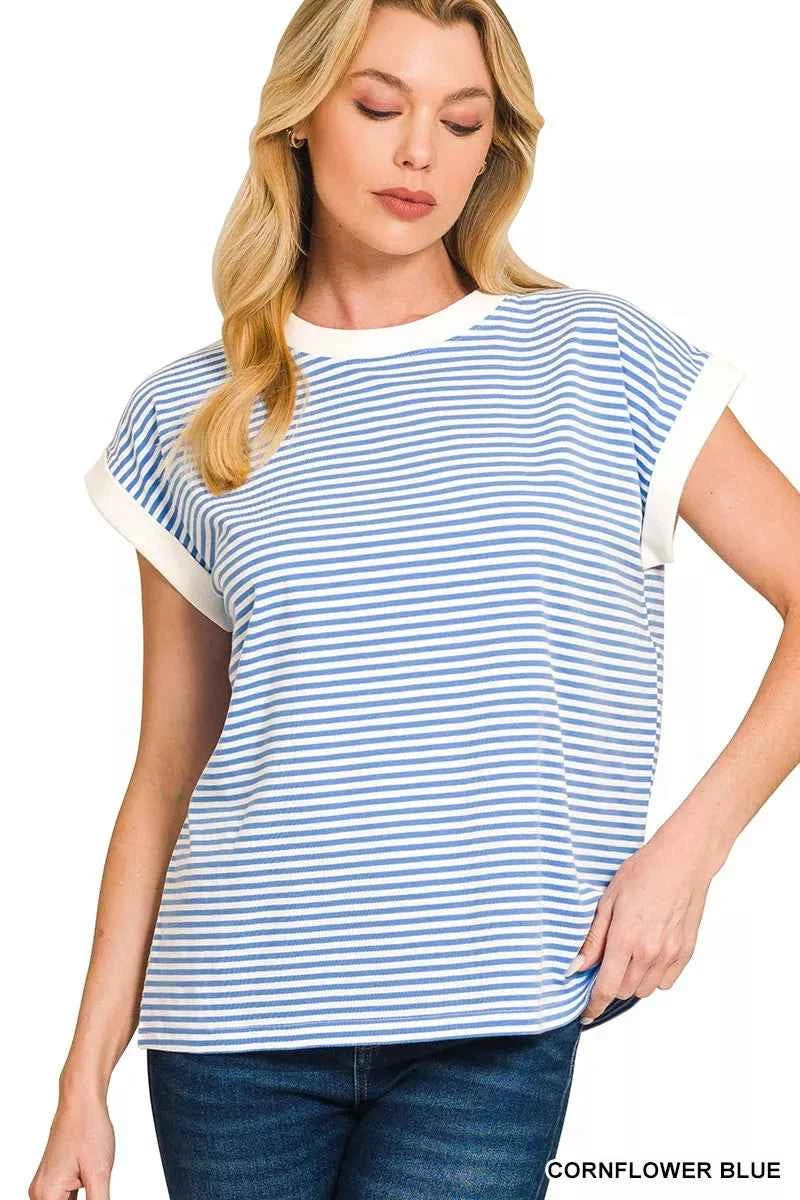 Zenana Striped Round Neck Short Sleeve Contrast Trim T-Shirt CORNFLOWER BLUE 9ce2480103e84ebdb265bf8bcd79eca2-Max-Origin