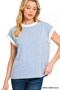 Zenana Striped Round Neck Short Sleeve Contrast Trim T-Shirt CORNFLOWER BLUE 9ce2480103e84ebdb265bf8bcd79eca2-Max-Origin