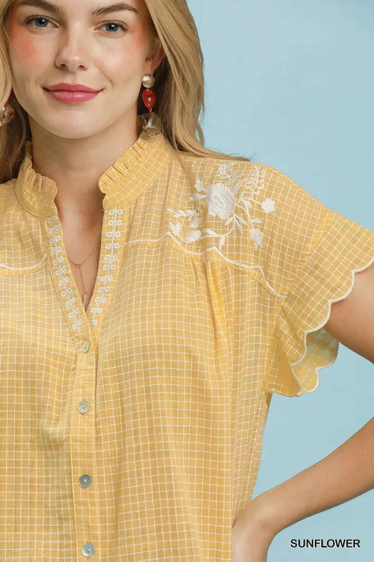 Embroidered Print Scallop Sleeve Button Front Blouse 9cebeca0-2d07-4c48-b63f-a35519b53d39-Max-Origin