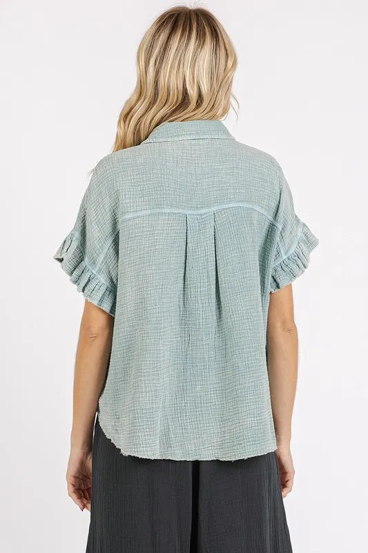 Mineral Washed Button Down Flounce Sleeve Shirt 9cec1efa-9665-425c-a0e8-4f3db859c2a5-Max
