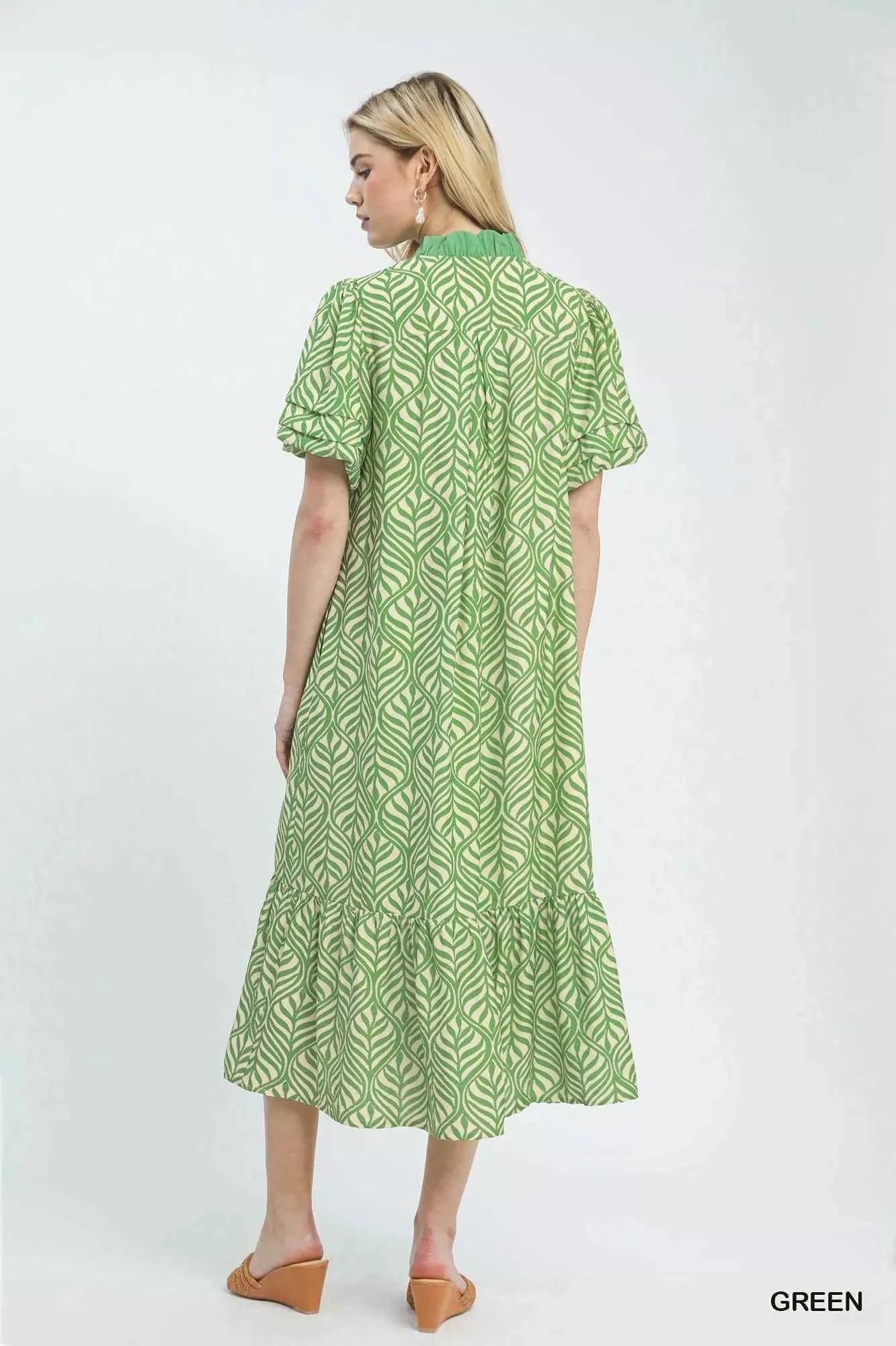 Umgee Leaf Print Ruffle Neck Midi Dress 9cef787f-1646-42a5-876f-09703f077ab0-Max-Origin