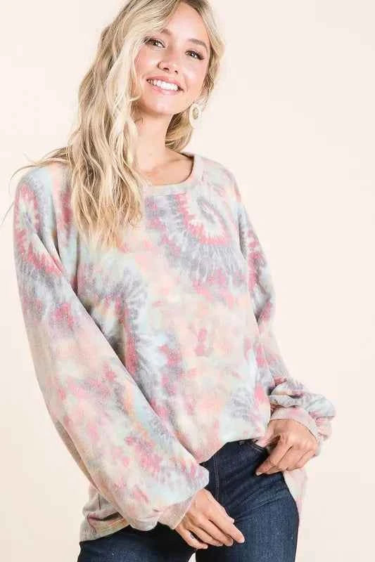 BiBi Brushed Tie Dye Print Top with Puff Sleeves 9cef992f581b40639a950f45a60a001a-Max-Origin