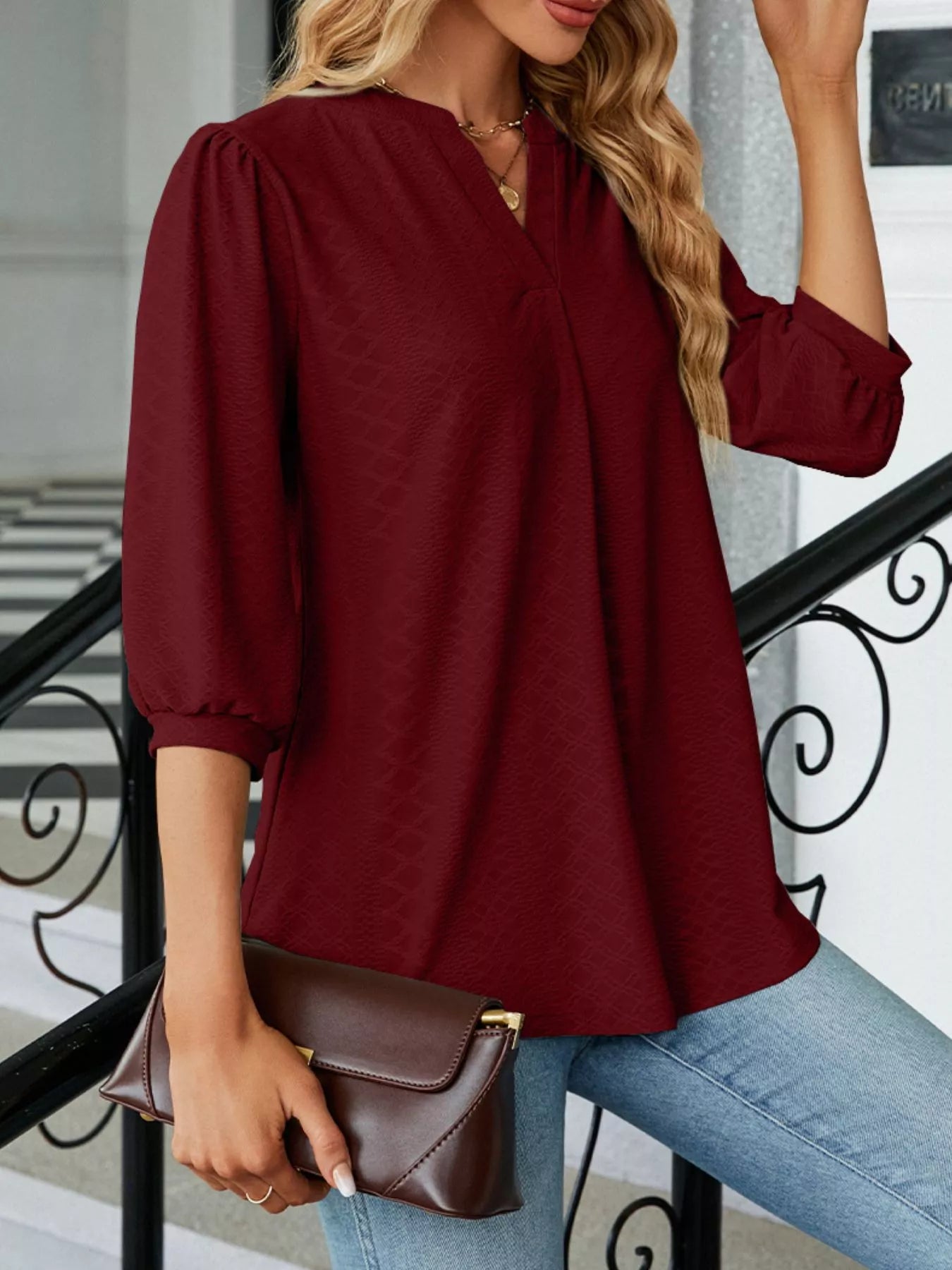 Notched 3/4 Sleeve Casual Top 9cf47562-1e8f-4782-aa73-624033103a05-Max-Origin