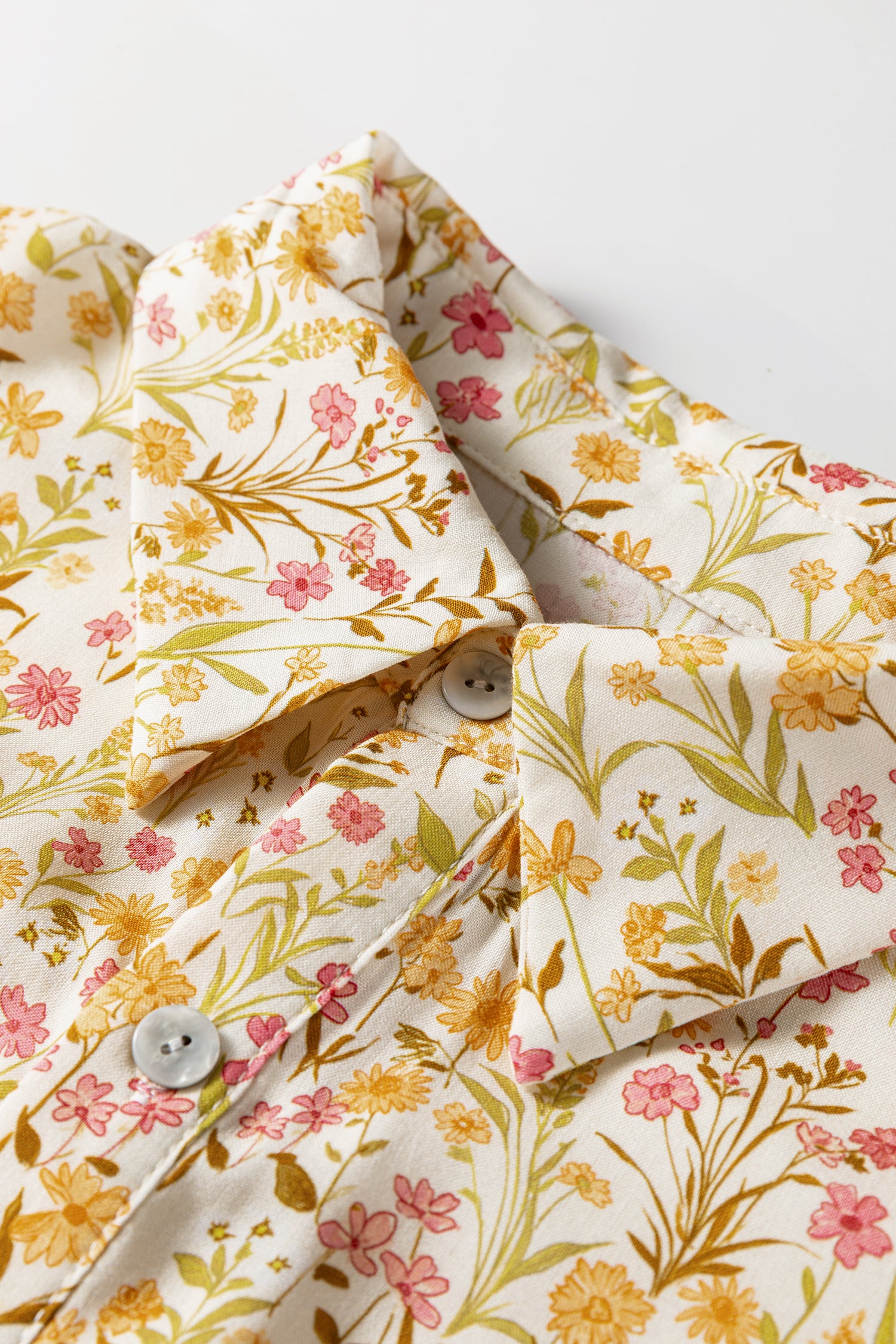 Yellow Floral Print Frilly Trim Smocked Cuff Long Sleeve Loose Shirt Dress 9cf7d8026ed1cfee