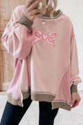 Light Pink Heart Bow Embroidered Exposed Seam Color Block Waffled Patchwork Sweatshirt Light Pink 65%Polyester+35%Cotton 9cf9642f7ff088ed