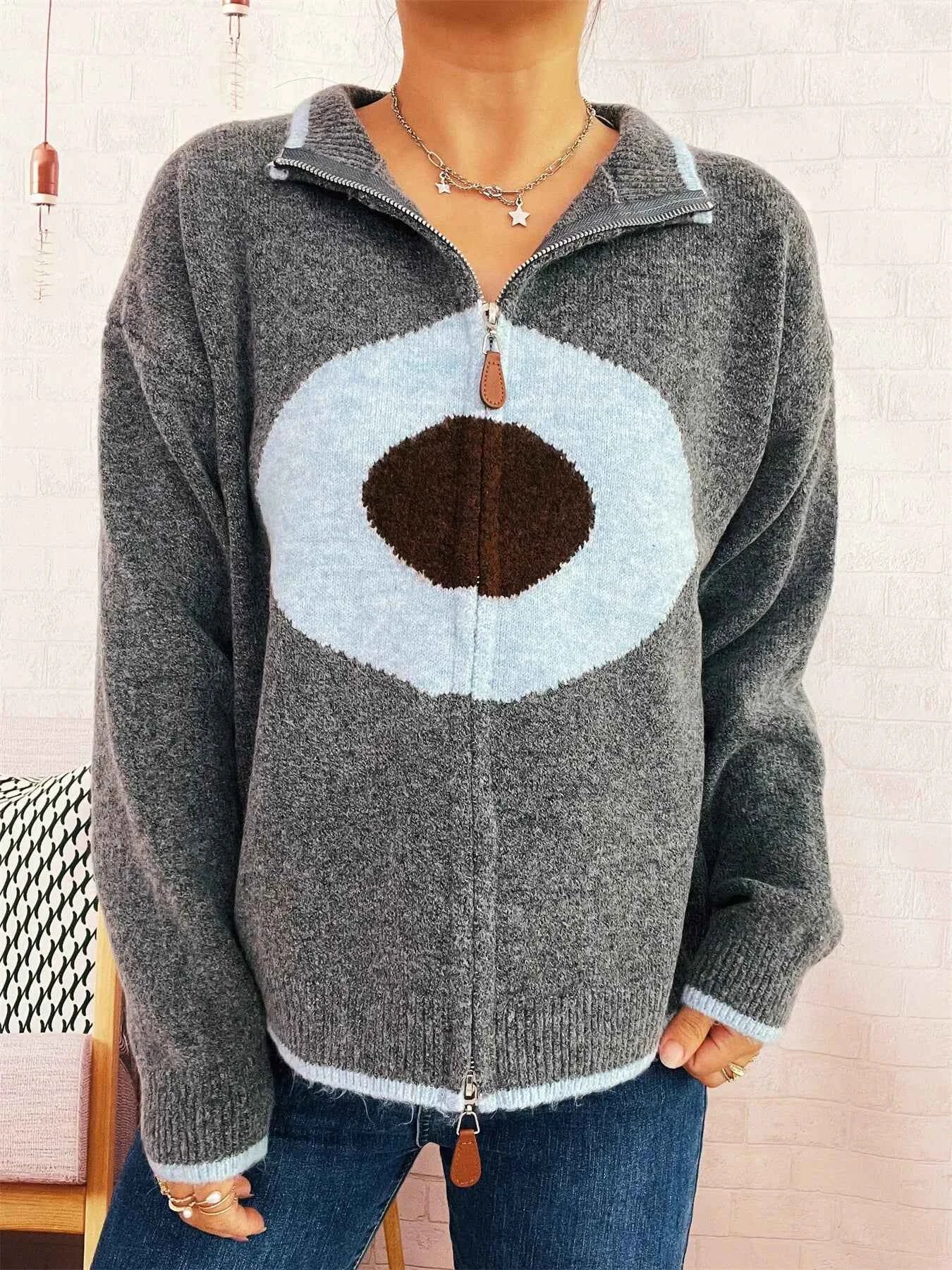 Zip-Up Contrast Trim Cardigan Dark Gray One Size 9d00b69c972c4c2fac5680e7ecbb924d-Max-Origin