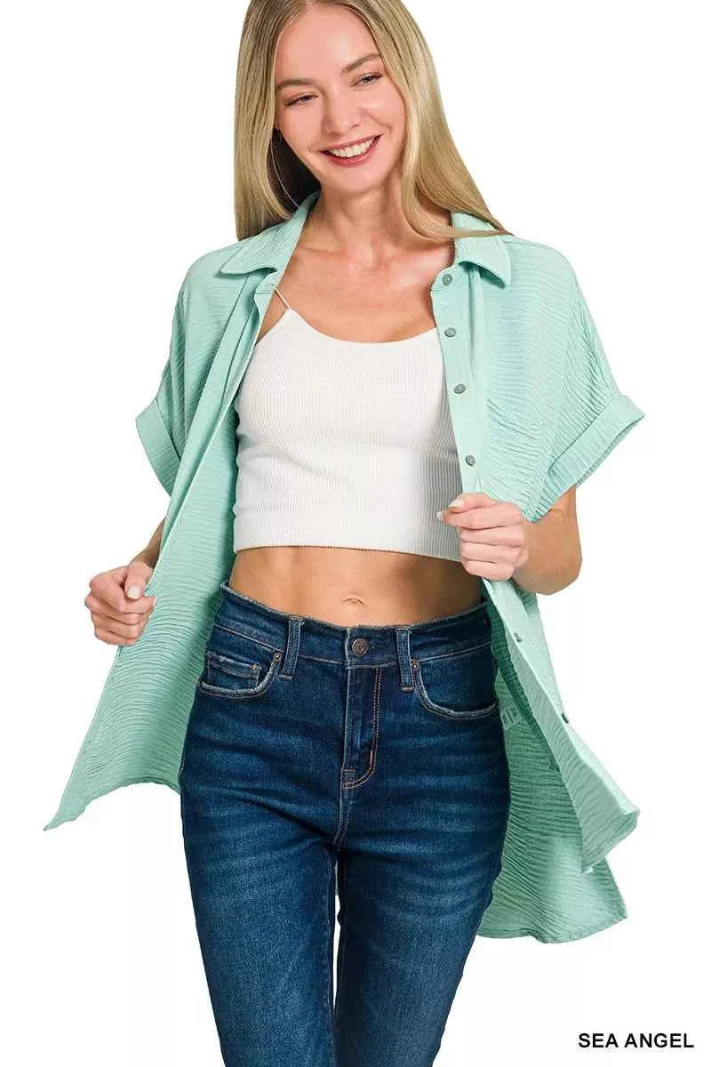 Zenana Woven Airflow Button Down Shirt 9d03227a1e7a4f7e8d7c01fcde054e63-Max-Origin