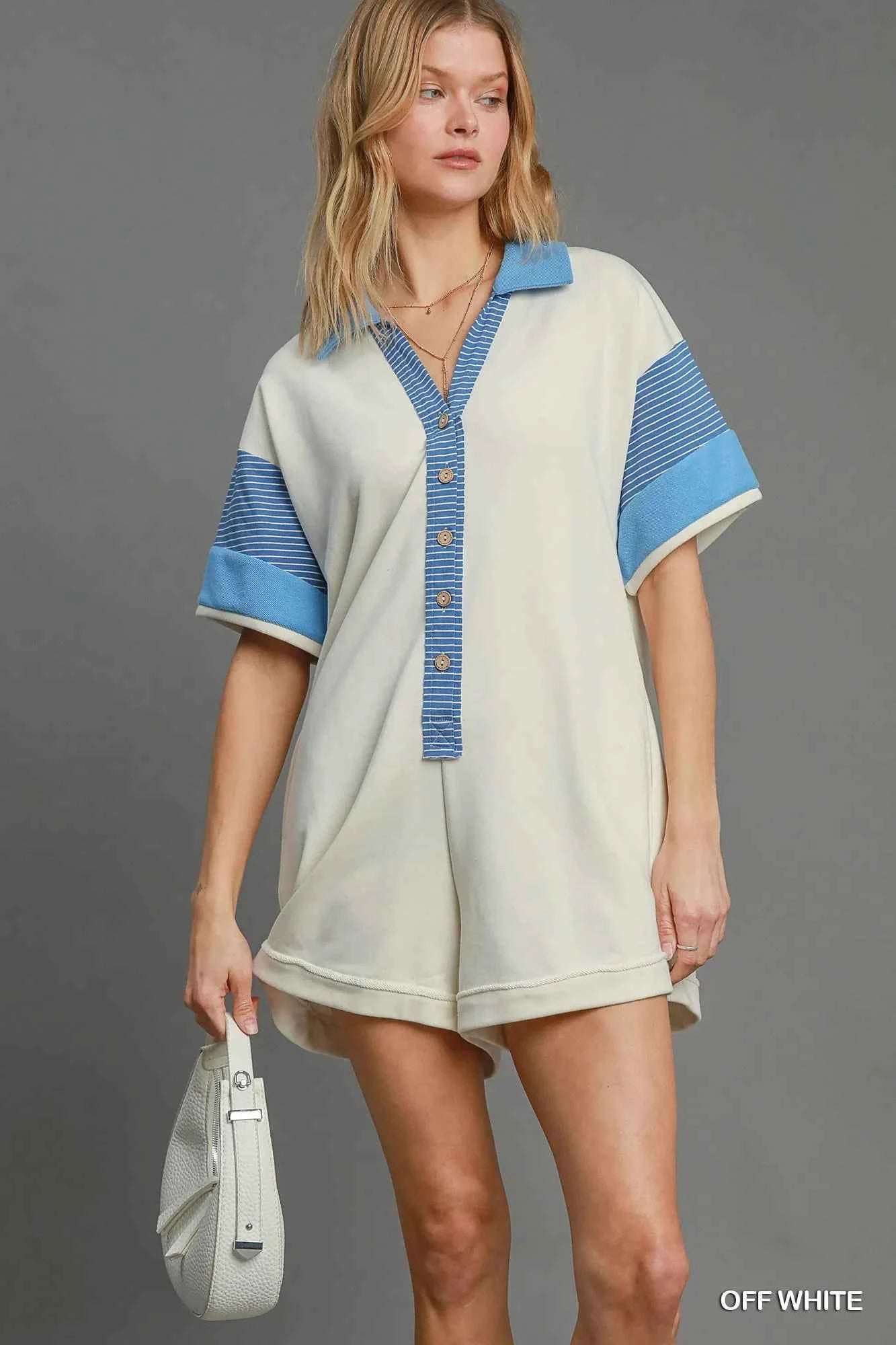 Umgee French Terry Collared Colorblock Romper OFF WHITE 9d0d723a-649f-44a9-8348-062cd941d764-Max-Origin
