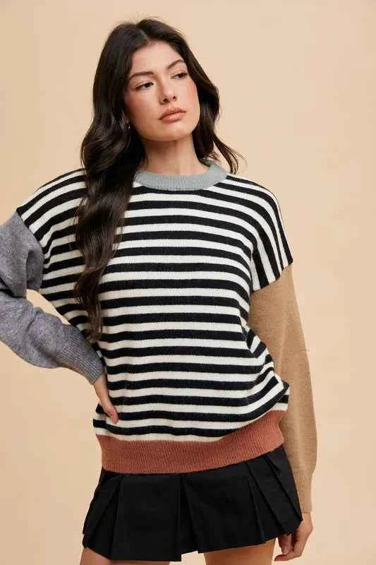 Striped Color Block Round Neck Sweater 9d13c67a-e1fa-4747-901c-89d3810a97d8-Max