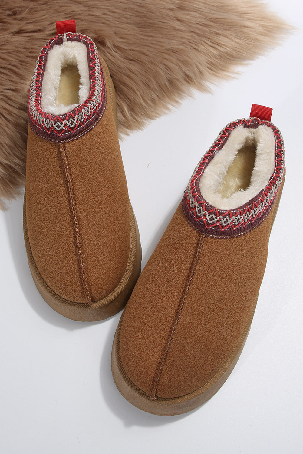 Chestnut Suede Contrast Print Round Toe Plush Lined Flats 9d154f94b58715dc