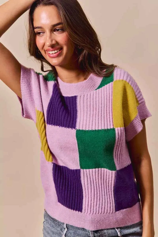 Mardi Gras Check Plaid Casual Sweater Top 9d16ca398cf047e68eabec05a3a663ca-Max-Origin